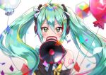  aqua_hair balloon cuna_(qunya) detached_sleeves eyebrows_visible_through_hair floating_hair green_eyes hair_between_eyes hatsune_miku headphones highres holding holding_microphone long_hair looking_at_viewer magical_mirai_(vocaloid) microphone solo twintails upper_body very_long_hair vocaloid 