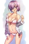  alternate_costume ass_visible_through_thighs bangs bare_arms bare_shoulders bikini black-framed_eyewear blush breasts cameltoe cleavage collarbone commentary_request cowboy_shot eyebrows_visible_through_hair eyes_visible_through_hair fate/grand_order fate_(series) front-tie_top glasses grey_jacket hair_over_one_eye highres jacket large_breasts lavender_hair long_sleeves looking_at_viewer mash_kyrielight navel open_mouth semi-rimless_eyewear shirokuma_a side-tie_bikini sideboob solo stomach swimsuit thighs underboob white_bikini 