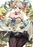  akai_kagerou ass_visible_through_thighs bare_shoulders blush breasts cleavage crotch_seam de_la_fille detached_collar dress dress_lift gem gloves granblue_fantasy green_eyes hair_ornament highres jewelry large_breasts long_hair looking_at_viewer multicolored_hair panties panties_under_pantyhose pantyhose simple_background smile solo twintails underwear white_background white_gloves 