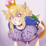  1girl blonde_hair blue_eyes blush bowsette breast_hold breasts grabbing grin horns large_breasts leaning_forward long_hair mario_(series) mega_milk meme_attire new_super_mario_bros._u_deluxe nintendo shirt smile solo t-shirt thick_eyebrows 