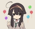  :| balloon bangs brown_background brown_cardigan brown_eyes brown_hair brown_hairband cardigan closed_mouth collared_shirt commentary_request double_v eyebrows_visible_through_hair green_neckwear hair_between_eyes hairband hands_up long_sleeves looking_at_viewer natsuki_teru necktie original shikibe_ayaka shirt simple_background sleeves_past_fingers sleeves_past_wrists solo upper_body v white_shirt 