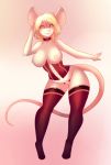  anthro big_breasts blonde_hair box-cat breasts choker clothing corset female fur hair legwear lingerie mammal mouse nipples penelope_white pussy rodent simple_background smile solo stockings teeth thigh_highs tight_clothing white_fur 