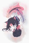  :d animal_ear_fluff animal_ears arm_up aura bangs black_dress black_hair blue_bow blush bow chibi cottontailtokki dress frilled_dress frills grey_background hair_between_eyes hair_bow highres horns long_hair long_sleeves multicolored_hair open_mouth original red_bow red_hair scythe shirt sleeveless sleeveless_dress smile solo streaked_hair tail upper_teeth white_shirt 