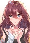  absurdres ahoge black_shirt blue_eyes breasts brown_hair cleavage cola cuna_(qunya) earrings eyebrows_visible_through_hair floating_hair hair_between_eyes highres ichinose_shiki idolmaster idolmaster_cinderella_girls jewelry long_hair looking_at_viewer medium_breasts nail_polish necklace red_nails shiny shiny_hair shirt simple_background sleeveless sleeveless_shirt smile solo upper_body white_background 