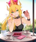  bare_shoulders black_dress blonde_hair bowsette breasts bush chair chocolate chocolate_heart cleavage coffee coffee_mug cup doki_doki_literature_club dress edited grin hand_on_own_cheek heart jewelry large_breasts looking_at_viewer luigi mario_(series) mug necklace new_super_mario_bros._u_deluxe notebook parody pointy_ears ponytail princess_peach satchely sharp_teeth sitting sleeveless sleeveless_dress smile solo_focus spoon super_crown table teeth third-party_edit 
