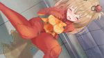  1girl bangs blonde_hair blush bodysuit breasts clothes_writing covered_navel crying dutch_angle embarrassed eyebrows_visible_through_hair eyes_closed female hand_up headgear long_hair medium_breasts neon_genesis_evangelion nose_blush open_mouth outdoors peeing peeing_self popitin_pontin puddle red_bodysuit shiny shiny_hair sitting solo soryu_asuka_langley tears teeth 