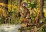  0laffson 2018 anthro aztec cat crouching detailed_background drinking feline forest jaguar macuahuitl male mammal mesoamerican outside pond rainforest spring traditional_media_(artwork) tree tribal tribal_clothing tropical warrior watercolor_(artwork) waterfall 