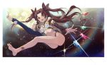 21 :d anklet ass barefoot black_ribbon blue_legwear bow breasts brown_hair detached_collar detached_sleeves earrings fate/grand_order fate_(series) feet from_below gem hair_bow highleg highleg_panties hoop_earrings ishtar_(fate/grand_order) jewelry leg_up legs long_hair long_legs looking_at_viewer medium_breasts navel open_mouth orange_eyes panties rainbow ribbon single_detached_sleeve single_thighhigh smile soles solo thighhighs toeless_legwear toes two_side_up underwear very_long_hair 