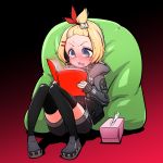  @_@ bangs_pinned_back blonde_hair blush commentary girls_frontline hair_bobbles hair_ornament hairclip heavy_breathing highres jacket open_mouth pillow pp-19-01_(girls_frontline) reading shoes shorts thighhighs tissue_box voodoowood younger 