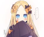  1girl abigail_williams_(fate/grand_order) bangs black_bow black_dress blonde_hair blue_eyes blush bow covered_mouth dress eyebrows_visible_through_hair fate/grand_order fate_(series) forehead hair_bow long_hair long_sleeves looking_at_viewer no_hat no_headwear orange_bow parted_bangs simple_background sleeves_past_fingers sleeves_past_wrists sofra solo spoken_ellipsis upper_body very_long_hair white_background 