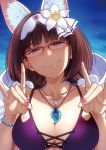  animal_ears bangs bikini blunt_bangs blush bracelet breasts brown_hair cleavage cloak collarbone commentary_request cross-laced_clothes fate_(series) fingernails flower fox_ears fox_shadow_puppet hair_flower hair_ornament hairband hood hooded_cloak jewelry lady_foxy large_breasts long_fingernails long_hair looking_at_viewer low_twintails magatama_necklace nail_polish nose_blush osakabe-hime_(fate/grand_order) pink-framed_eyewear pink_nails purple_bikini puyo semi-rimless_eyewear smile sweatdrop swimsuit twintails white_flower white_hairband 