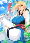  bare_shoulders belt blonde_hair breasts brown_eyes cloud collarbone commentary_request day dragalia_lost elbow_gloves elisanne flag flower gauntlets gloves hair_ribbon highres large_breasts looking_at_viewer messatsu_tan pants ribbon side_ponytail sitting sky smile solo white_legwear 