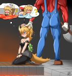  1girl ? @_@ alternate_height ass axe black_dress blanket blonde_hair blue_eyes blue_overalls blush bowsette bracelet brown_hair chibi collar commentary dated dress earrings english_commentary error facial_hair flying_sweatdrops gloves hand_on_another's_head highres imagining jewelry mario mario_(series) molten_rock muscle mustache new_super_mario_bros._u_deluxe nopparuj_got pantyhose polydactyly ponytail red_shirt ruined_for_marriage seiza shirt shoes signature sitting spiked_armlet spiked_bracelet spiked_collar spiked_shell spiked_tail spikes super_crown sweatdrop tail tearing_up tears white_gloves 