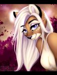  anthro autumn blue_eyes feline female fur leaves lion looking_at_viewer mammal multicolored_fur solapi_(artist) solo tree 