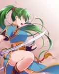  black_gloves commentary_request earrings fingerless_gloves fire_emblem fire_emblem:_rekka_no_ken from_side gloves green_eyes green_hair hiyori_(rindou66) holding holding_sword holding_weapon jewelry long_hair lyndis_(fire_emblem) open_mouth ponytail short_sleeves solo sword twitter_username weapon 