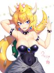  bangs bare_shoulders black_leotard blonde_hair blue_earrings blue_eyes blue_nails bowsette bracelet breasts brooch cleavage collar collarbone covered_navel crown eyebrows_visible_through_hair fang fingernails hair_between_eyes hand_behind_head hand_up horns jewelry large_breasts leotard light_blue_eyes long_ponytail looking_at_viewer mario_(series) mekariruwii nail_polish new_super_mario_bros._u_deluxe open_mouth reflective_eyes sapphire_(stone) sharp_fingernails shiny shiny_hair shiny_skin short_hair sidelocks smile solo spiked_bracelet spiked_collar spiked_shell spiked_tail spikes strapless strapless_leotard super_crown tail toned upper_body waist_cape white_background 
