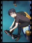  animal_print bag bench black_hair blue-framed_eyewear brown_eyes glasses ice_skates katsuki_yuuri leopard_print looking_at_viewer male_focus multiple_boys out_of_frame shoes sitting skates sneakers yamano_uzura yuri!!!_on_ice yuri_plisetsky 