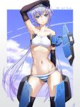  arm_above_head armpits ass_visible_through_thighs black_legwear blue_eyes blue_hair blue_sky border breasts cloud contrapposto day elbow_gloves eyebrows_visible_through_hair frame_arms_girl gloves groin groin_tendon hair_between_eyes highres long_hair looking_at_viewer mecha_musume misenouchi navel outside_border panties skindentation sky small_breasts solo striped striped_panties stylet thighhighs twintails underwear white_border 