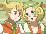 1girl bad_anatomy bel_(pokemon) blonde_hair breasts closed_mouth commentary_request couple crossover disconnected_mouth eye_contact green_eyes green_hat green_scarf hat hetero jacket jun_(pokemon) looking_at_another medium_hair open_mouth orange_eyes pokemon pokemon_(game) pokemon_bw pokemon_dppt scarf short_hair trait_connection upper_body yuta_(hoshiuta) 