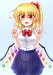  5_fingers :d blonde_hair blush bow_tie bra clothing crystals double_v_sign fangs female flandre_scarlet hair humanoid m9kndi not_furry open_mouth ponytail red_eyes shirt skirt slit_pupils solo tongue touhou translucent underwear unusual_wings v_sign vampire wings 