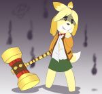  animal_crossing anthro barefoot canine clothed clothing dog featureless_feet featureless_hands female fully_clothed hammer isabelle_(animal_crossing) krishtealpaws mammal nintendo solo tools video_games 