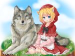  animal animal_ears aqua_eyes belt blonde_hair blue_eyes bow capelet frilled_skirt frills hood hood_up little_red_riding_hood little_red_riding_hood_(grimm) long_sleeves original red_skirt shirt short_hair sitting skirt wolf yunagi_(arukumaruta) 