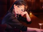  1girl alcohol bar black_clothes black_hair blush bottle breasts bubuzuke chair drink formal head_rest highres hitotsumami:_relaxation_series indoors long_hair looking_at_viewer medium_breasts necktie original parted_lips pink_eyes sitting sleeves_rolled_up smile solo suit upper_body 