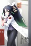  black_hair black_pants blurry blurry_background breasts commentary crossed_arms dated eyebrows_visible_through_hair gradient_hair green_eyes green_hair hair_between_eyes hair_ribbon highres huge_breasts japari_symbol kako_(kemono_friends) kemono_friends labcoat long_hair looking_at_viewer multicolored_hair notepad pants pen ponytail ribbon signature solo very_long_hair wavy_mouth white_ribbon yoshida_hideyuki 