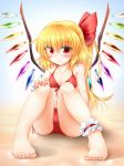  bikini blonde_hair blush clothing colored_nails crystals fangs female flandre_scarlet flat_chested hair hair_ribbon humanoid long_hair m9kndi not_furry pink_nails ponytail red_eyes ribbons sitting smile solo swimsuit touhou unusual_wings vampire wings 