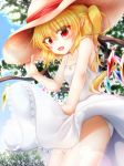  :d blonde_hair clothed clothing fangs female flandre_scarlet hair hat humanoid long_hair m9kndi not_furry open_mouth panties panty_shot pointy_ears ponytail red_eyes slit_pupils solo straw_hat sundress tongue touhou underwear unusual_wings upskirt vampire wings 