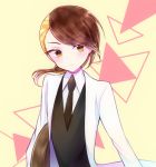  asymmetrical_hair blonde_hair brown_hair commentary_request crystal_hair eyebrows_visible_through_hair eyes_visible_through_hair gem_uniform_(houseki_no_kuni) highres houseki_no_kuni labcoat looking_at_viewer multicolored_hair necktie nekotamago rutile_(houseki_no_kuni) short_hair smile solo two-tone_hair upper_body yellow_eyes 