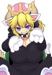  bangs blonde_hair blue_eyes bowsette breasts cat_pajamas cleavage collar cool-kyou_shinja cosplay_request crown gloves grin hair_between_eyes highres horns huge_breasts mario_(series) new_super_mario_bros._u_deluxe outline pajamas paw_gloves paw_pose paw_shoes paws sharp_teeth shoes sidelocks simple_background sitting slit_pupils smile solo spiked_collar spiked_shell spiked_tail spikes super_crown tail teeth white_background 