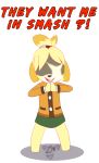 2018 animal_crossing anthro black_nose canine clothing dialogue dog english_text female hi_res isabelle_(animal_crossing) krishtealpaws mammal nintendo open_mouth solo text video_games 