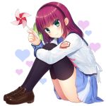  angel_beats! bangs black_legwear blue_skirt blunt_bangs blush bow brown_footwear commentary_request emblem from_side full_body green_eyes green_ribbon hair_bow hair_ribbon hairband heart heart_background knees_up leg_hug loafers long_sleeves looking_at_viewer looking_to_the_side medium_hair nakamura_hinato pink_lips pinwheel pleated_skirt purple_hair purple_hairband ribbon school_uniform serafuku shinda_sekai_sensen_uniform shoes skirt smile solo white_background yuri_(angel_beats!) 