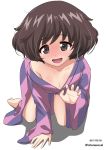  akiyama_yukari all_fours arm_support bangs barefoot blush brown_eyes brown_hair claw_pose commentary excel_(shena) eyebrows_visible_through_hair full-face_blush full_body girls_und_panzer highres japanese_clothes kimono kimono_pull kneeling long_sleeves looking_at_viewer messy_hair open_mouth pink_kimono shadow short_hair simple_background smile solo white_background wide_sleeves 