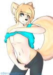  anthro black_nose blonde_hair blue_eyes canine clothed clothing derangedspazz dog fur girly green_eyes hair heterochromia looking_away makeup male mammal mascara medium_hair midriff multicolored_fur navel partially_clothed shirt signature smile solo tan_fur tay_mizami two_tone_fur undressing white_fur 