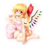  blonde_hair blush camisole clothed clothing colored_nails crystals eating female flandre_scarlet flat_chested food hair hair_ribbon holding_object humanoid long_hair m9kndi nipple_bulge not_furry open_mouth panties pillow pink_nails ponytail popsicle red_eyes ribbons sitting slit_pupils solo touhou underwear unusual_wings vampire wings 