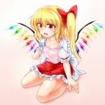  5_fingers blonde_hair blush breasts camisole cleavage clothed clothing crystals fangs female flandre_scarlet hair hair_ribbon humanoid long_hair m9kndi not_furry open_mouth ponytail red_eyes ribbons shirt side_ponytail sitting skirt slit_pupils small_breasts solo sweat tongue touhou unusual_wings vampire wings 