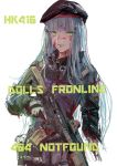  android assault_rifle bangs beret blood blood_on_face bloody_clothes blue_hair blunt_bangs broken_arm character_name coat english girls_frontline gloves green_eyes gun hair_ornament hat heckler_&amp;_koch highres hk416 hk416_(girls_frontline) holding holding_gun holding_weapon long_hair looking_at_viewer osakana_(denpa_yun'yun) rifle simple_background sketch smile solo typo weapon white_background 