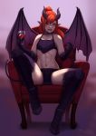  alcohol armchair beckoning black_gloves chair collar come_hither commentary commission cup demon_girl demon_horns demon_tail demon_wings drinking_glass elbow_gloves fangs flat_chest full_body gloves greaves highres hooves horns knee_pads loincloth long_hair looking_at_viewer navel open_mouth orange_hair original panties pointy_ears ponytail purple_skin razalor red_eyes sitting solo spread_legs stomach tail toned two-tone_skin underwear wine wine_glass wings 