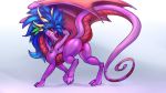  2018 blue_hair blue_tongue claws digital_media_(artwork) dragon female feral hair membranous_wings oksara pussy scalie simple_background solo standing western_dragon wings yellow_eyes 