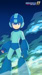  2018 android arm_cannon blue_eyes capcom commentary_request helmet highres ishihara_yuuji looking_at_viewer male_focus official_art rockman rockman_(character) rockman_(classic) rockman_11 serious smoke solo weapon 