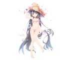  absurdly_long_hair arm_up bangs bare_arms bare_legs bare_shoulders barefoot bikini blush bow_bikini breasts brown_hair bubble character_request collarbone eyebrows_visible_through_hair hair_between_eyes hand_on_headwear hat head_tilt holding holding_hair horns kai-ri-sei_million_arthur long_hair looking_at_viewer medium_breasts million_arthur_(series) mitu_yang navel official_art parted_lips pink_bikini red_eyes side-tie_bikini simple_background solo standing standing_on_one_leg straw_hat striped striped_bikini_bottom swimsuit thigh_gap very_long_hair white_background 
