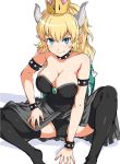  aqua_eyes arm_support bare_arms bare_shoulders black_collar black_legwear black_leotard blonde_hair blush bowsette bracelet breasts cleavage collar commentary_request crown fang fang_out full_body groin horns jewelry large_breasts leotard long_hair looking_at_viewer mario_(series) new_super_mario_bros._u_deluxe no_shoes pointy_ears ponytail princess sanrokumaru sapphire_(stone) showgirl_skirt silver_trim simple_background slit_pupils smile solo spiked_armlet spiked_bracelet spiked_collar spiked_shell spikes spread_legs strapless strapless_leotard thick_eyebrows thighhighs turtle_shell white_background 