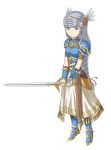  absurdres aqua_eyes armor armored_dress blue_armor braid breasts closed_mouth commentary_request feathered_wings gold_trim headpiece helmet highres lenneth_valkyrie light_blue_hair long_braid long_hair solo sword usukoke valkyrie valkyrie_profile very_long_hair weapon winged_helmet wings 