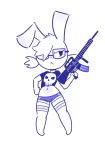  2018 annie_(disambiguation) anthro assault_rifle clothing crop_top digital_media_(artwork) disfigure eyewear female flat_chested frown glasses gun hair hair_over_eye half-closed_eyes lagomorph legwear looking_aside m-16 mammal midriff monochrome rabbit ranged_weapon rifle shirt short_hair shorts solo thigh_highs weapon 