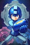 android arm_cannon blue_eyes commentary_request gears helmet highres kuroi_susumu legs_apart looking_at_viewer male_focus rockman rockman_(character) rockman_(classic) rockman_11 serious solo weapon 