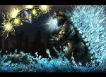  aircraft bhs-archetyperex_(cassandra) city dinosaur energy garuda_(godzilla) giant_monster glowing godzilla godzilla_(series) highres kaijuu military military_vehicle monster night no_humans water 