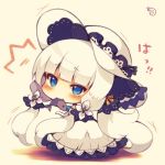  1girl aqua_eyes azur_lane bangs big_head blunt_bangs blush chibi commentary_request dress fish_in_mouth flat_chest full_body hat illustrious_(azur_lane) long_hair looking_at_viewer mole mole_under_eye muuran no_nose solo translation_request very_long_hair white_dress white_hair white_hat x_x 