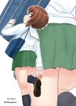  :o adjusting_clothes adjusting_shoe bag bangs black_legwear blouse brown_eyes brown_footwear brown_hair carrying commentary dated excel_(shena) eyebrows_visible_through_hair from_behind girls_und_panzer green_skirt highres kneepits legs loafers looking_at_viewer looking_back miniskirt nishizumi_miho ooarai_school_uniform open_mouth pleated_skirt school_bag school_uniform serafuku shoes short_hair simple_background skirt socks solo standing twitter_username white_background white_blouse zoom_layer 